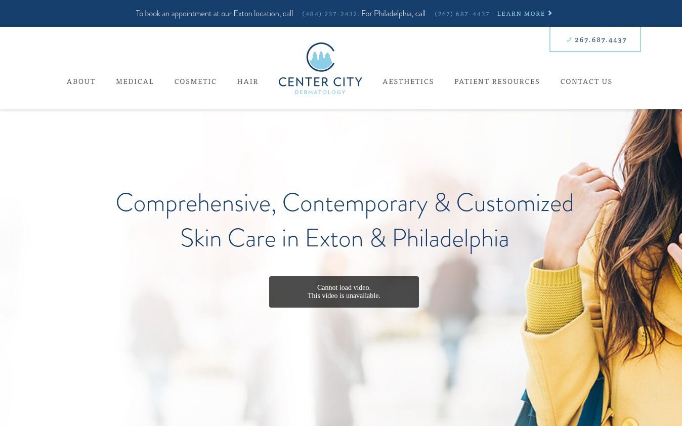 Center City Dermatology, the previous first screen, September 2026: Exton and Philadelphia in the headline, and a phone number to call