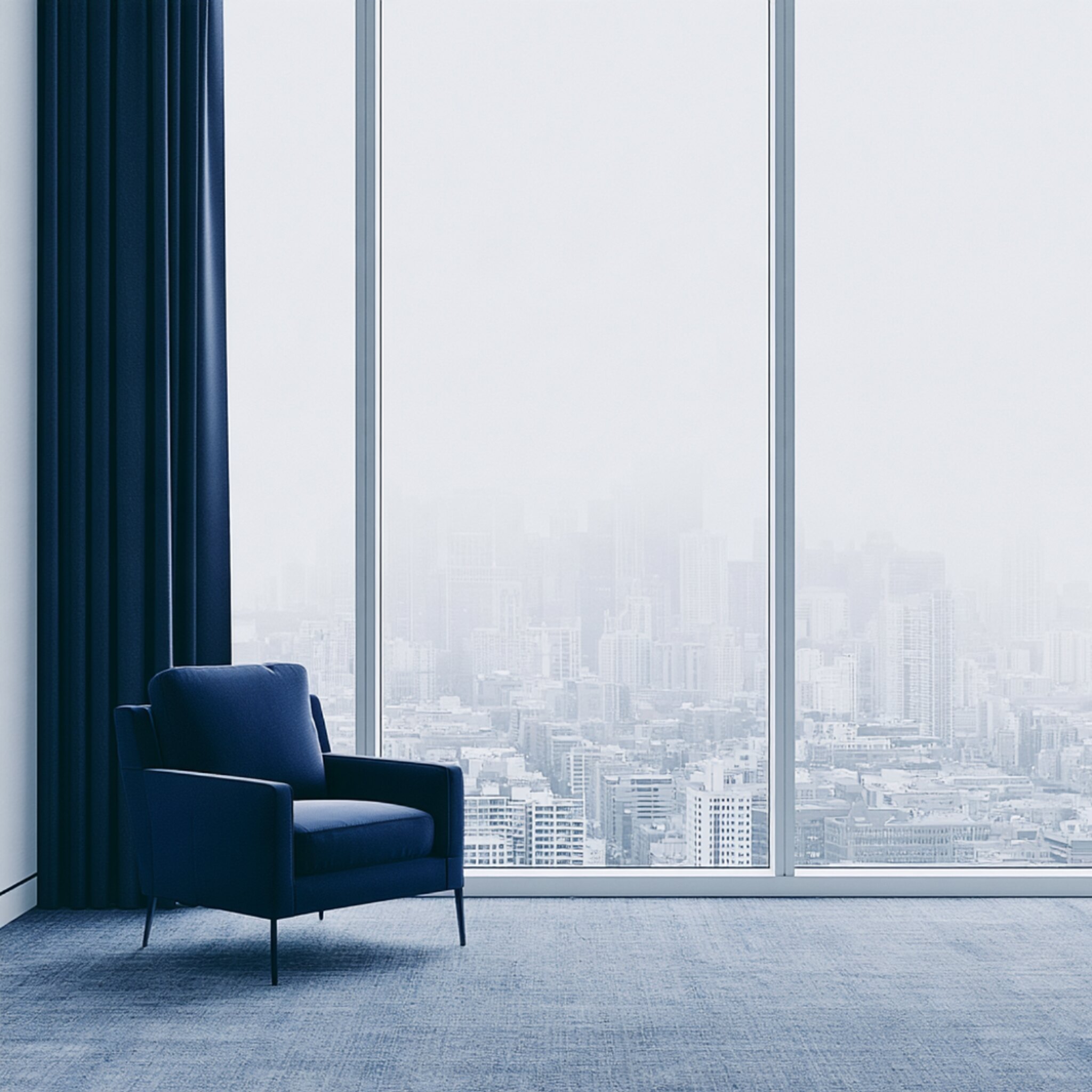 An empty lobby at dawn, one armchair beside a tall window over a foggy city